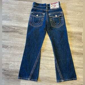 True Religion Dark Blue Bootcut Flare Jeans With White Stitching